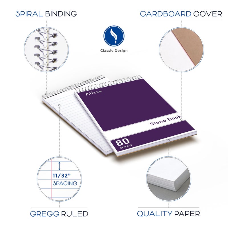 Alitte Steno Pads Spiral 6x9-12 Pack Assorted Bright Colors - Perfect for Work, School, and Home Use, Easy Tear-Off Pages, Gregg ruled, White Paper - No Ink Bleeds - 80 Sheets - Image 2