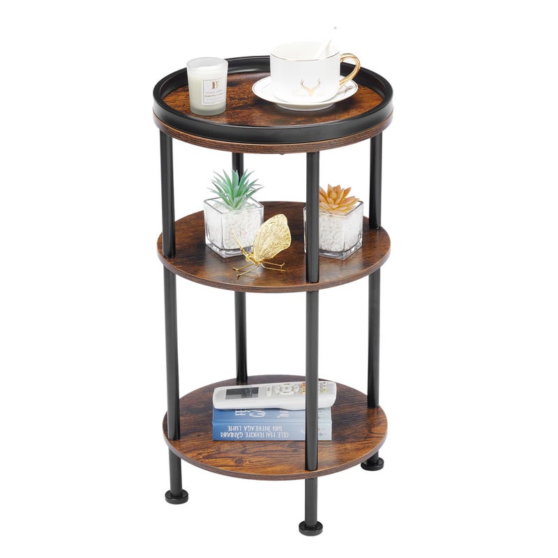 YEAKOO Nordic End Table 3Tier 30cm Round Side Table with Storage Shelf Edge Protection Tray Sturdy Metal Frame Coffee Table Bedside Table for Living Room Bedroom Small SpacesRustic Brown