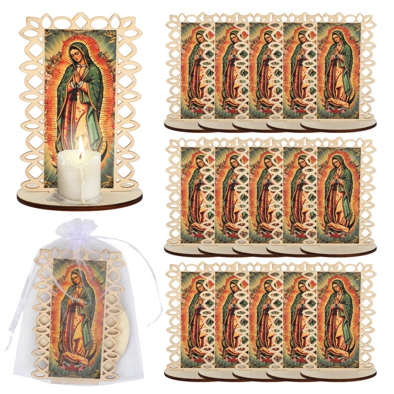 Kuabiz 15 Set Our Lady of Guadalupe Wooden Statues Virgen De Guadalupe Picture Frames with Organza Gift Bags Baptism Favors for Guests Baptism Centerpieces for Table First Communion Gifts Catholic Favors - Image 1