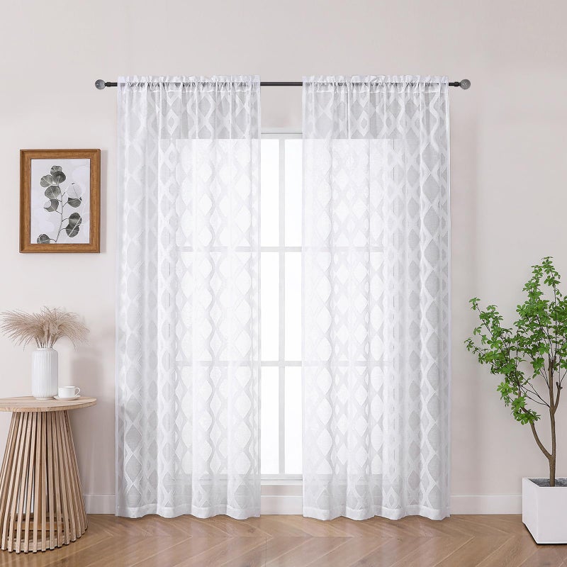 OWENIE OWENIE White Sheer Curtains Tier 36 Inch Length 2 Panels Set  Elegant Clip Short Curtains for Small Window  Light Filtering Geometric Jacquard Textured Short Curtains for Windows  42x36 Inches - Image 2