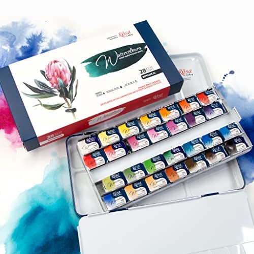 ROSA Gallery Botanical Watercolor Paint Set, Vibrant Kit Designed by Professional Artists, Washable, High Lightfastness Pigments, Made in Ukraine, Packed in Metal Paint Box, 28 Ct. - Image 1