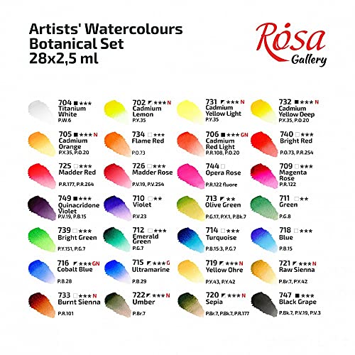 ROSA Gallery Botanical Watercolor Paint Set, Vibrant Kit Designed by Professional Artists, Washable, High Lightfastness Pigments, Made in Ukraine, Packed in Metal Paint Box, 28 Ct. - Image 3