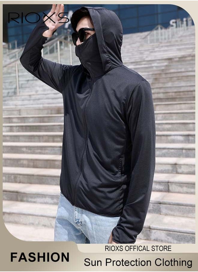 RIOXS - Men's UPF 50+ Sun Protection Clothing, Outdoor Lightweight Full Zip Hoodie Jacket with Face Mask Design, Comfy Breathable Long Sleeve Coat with Thumbholes and Large Brim, Suitable for Daily Wear, Sports Training, Hiking, Fishing, Climbing or Other Outdoor Activities - Image 1