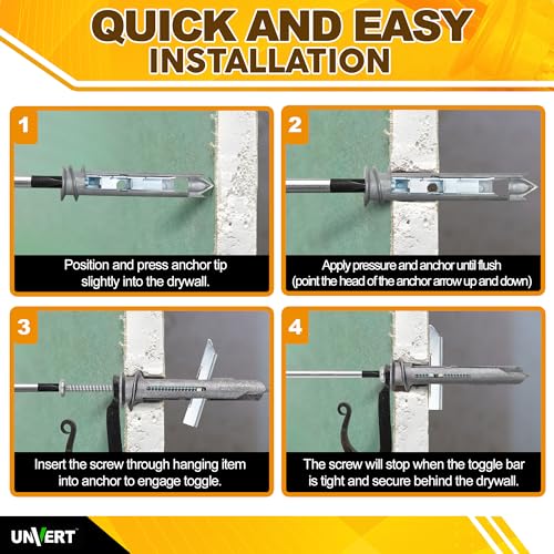 UNVERT Self Drilling Ez Drywall Toggle Anchor Kit, Heavy Duty #8 Anchor with Screws - Easy Wall Ancors for Hanging and Mounting - Holds Up to 100 Lb. (5 Pack) - Image 4