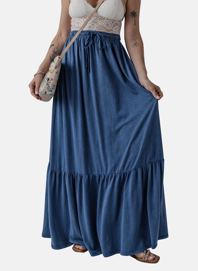 YUNIQEE Blue Solid Tiered Maxi Skirt - Image 4
