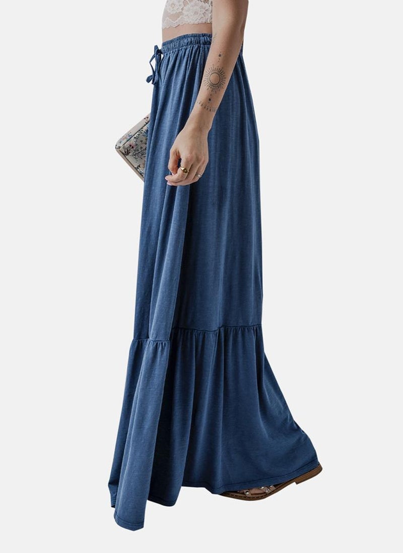 YUNIQEE Blue Solid Tiered Maxi Skirt - Image 3