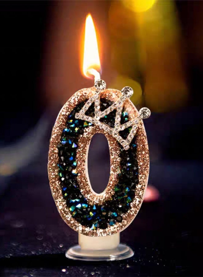 Ssovi Royal Crown Number [0] Birthday Candle, 3D Glitter Black & Gold Rhinestone Cake Topper with Holder, Smokeless Single Metallic Decoration for Party & Anniversary - 1 Piece - Image 1