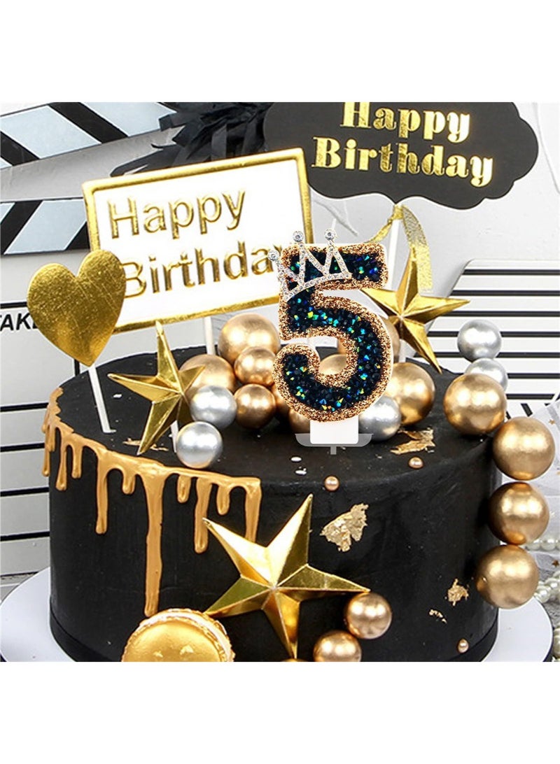 Ssovi Royal Crown Number [0] Birthday Candle, 3D Glitter Black & Gold Rhinestone Cake Topper with Holder, Smokeless Single Metallic Decoration for Party & Anniversary - 1 Piece - Image 3