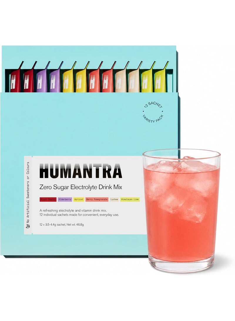 Humantra Electrolytes Powder - 12 Sachet Variety Pack - Powdered Hydration Sachets - Plant-Based Electrolyte Powder with 6 Electrolytes - Vegan, Sugar Free, Gluten Free