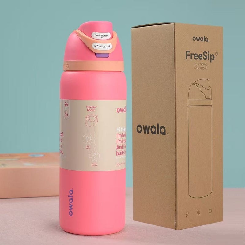 زجاجة ماء رياضية Owala Freesip بتصميم ثنائي المشروب مع مقبض وغطاء قابل للارتداد، عازلة بالفولاذ المقاوم للصدأ 304