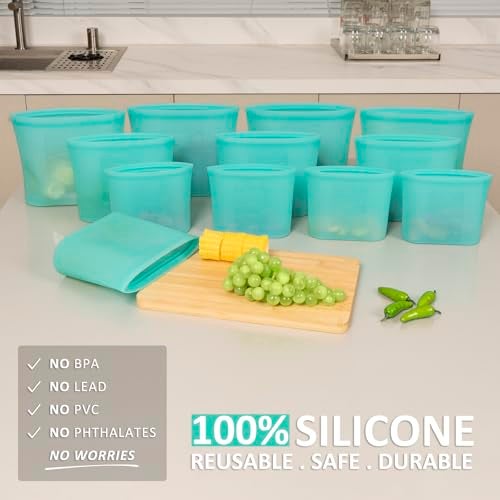Annaklin Reusable Food Bags, 12 Pack 100% Silicone Food Storage Bags Stand Up Zip Lock Container, Freezer Microwave Oven Dishwasher Safe, 4 Medium 4 Small 4 Extra Small, Aqua - Image 2