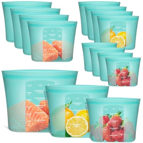 Annaklin Reusable Food Bags, 12 Pack 100% Silicone Food Storage Bags Stand Up Zip Lock Container, Freezer Microwave Oven Dishwasher Safe, 4 Medium 4 Small 4 Extra Small, Aqua - Image 1