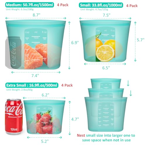 Annaklin Reusable Food Bags, 12 Pack 100% Silicone Food Storage Bags Stand Up Zip Lock Container, Freezer Microwave Oven Dishwasher Safe, 4 Medium 4 Small 4 Extra Small, Aqua - Image 3