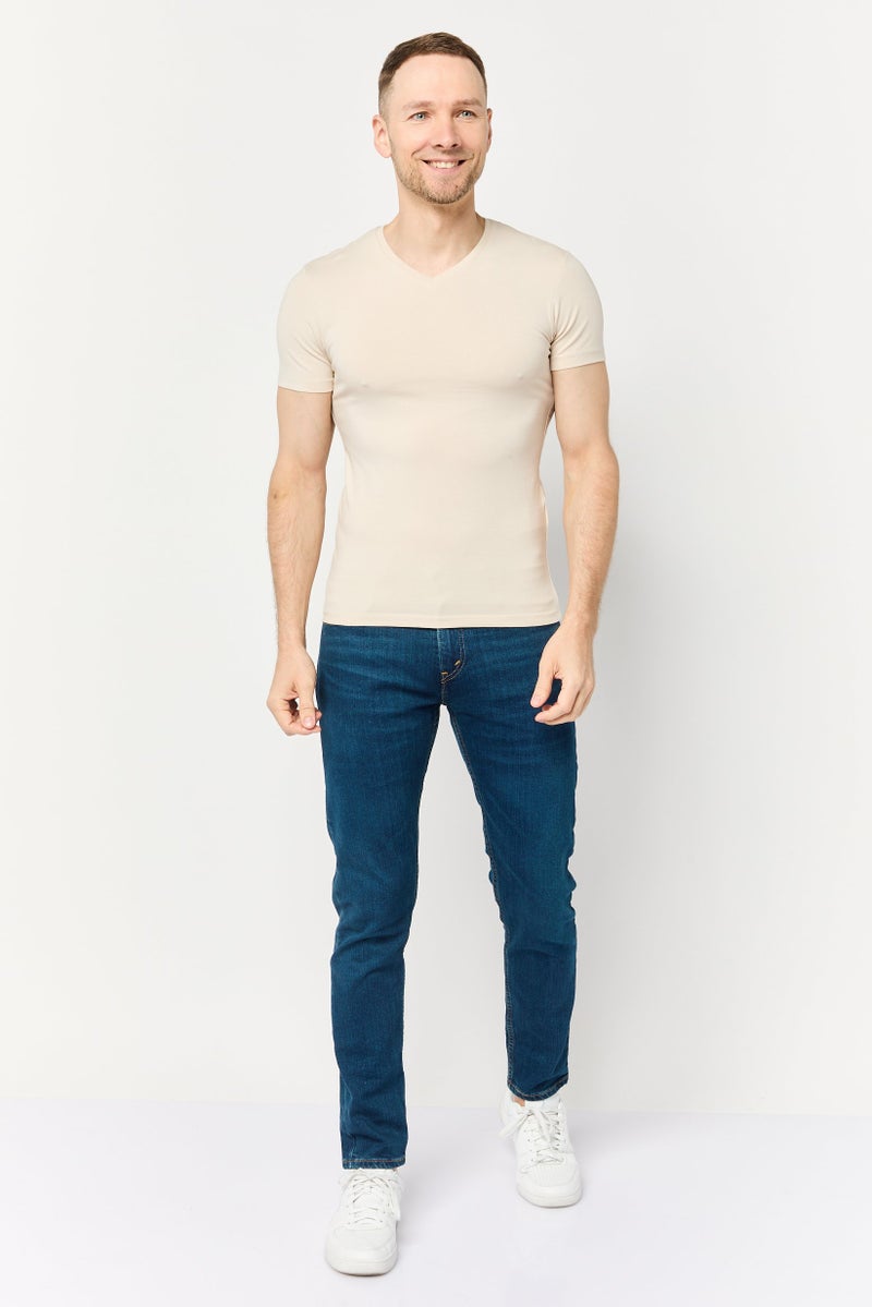 Celio Men V Neck Short Sleeve Plain T-Shirt, Beige - Image 2