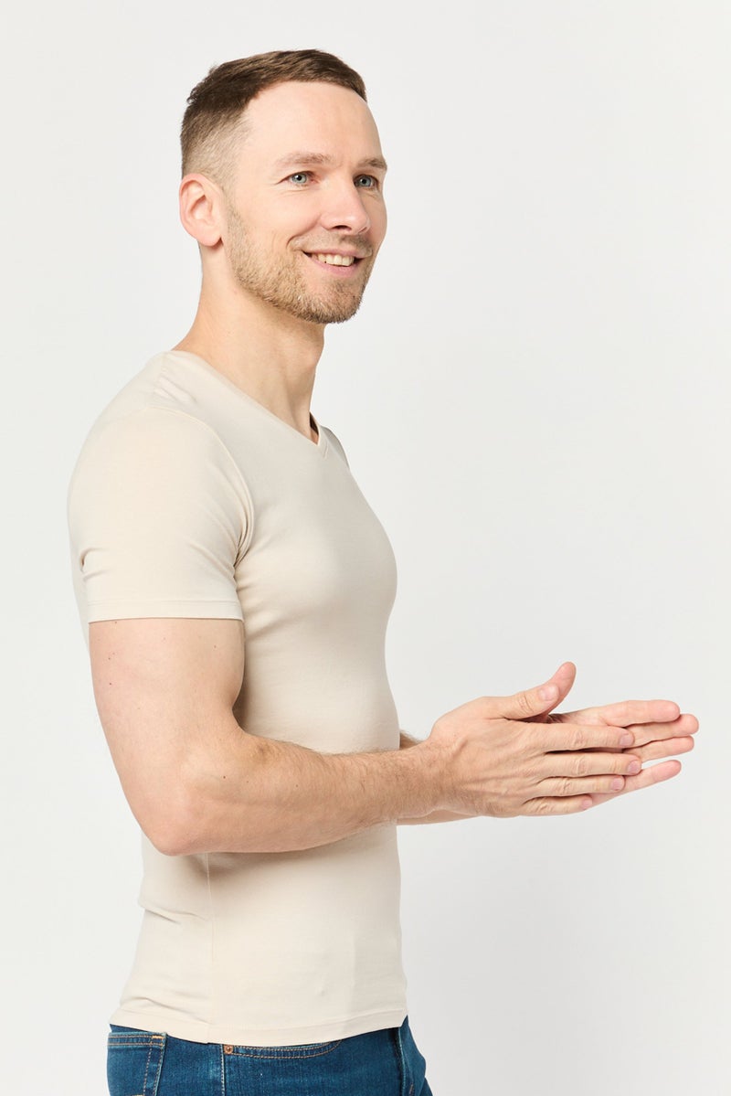 Celio Men V Neck Short Sleeve Plain T-Shirt, Beige - Image 3