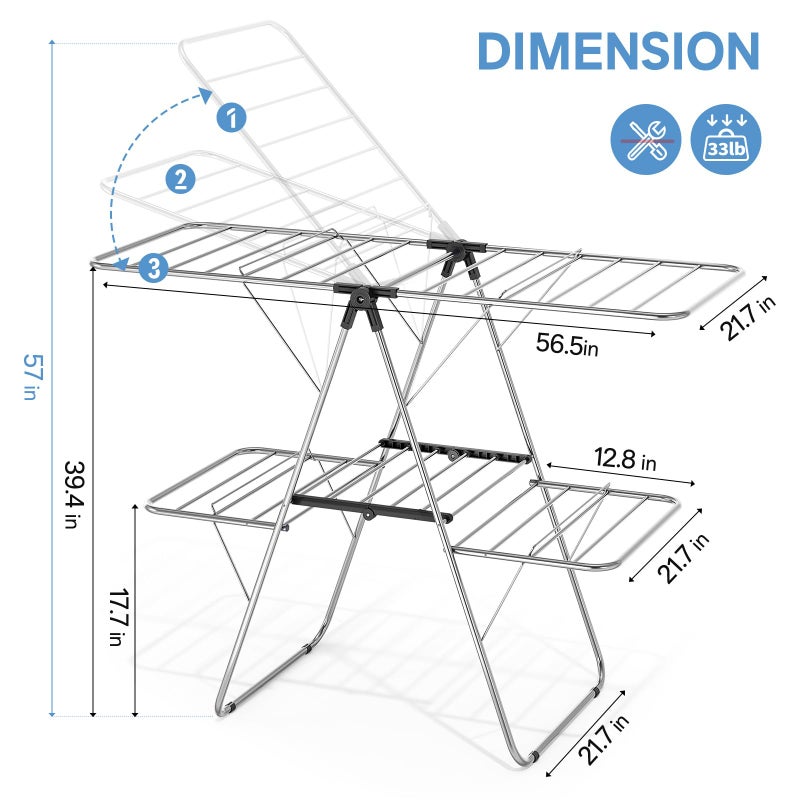 APEXCHASER Clothes Drying Rack with 4 Wings, Stainless Steel Drying Rack Clothing with Height-Adjustable, Foldable Gullwings Laundry Drying Rack, Indoor Outdoor Use, No Assembly, Black - Image 5