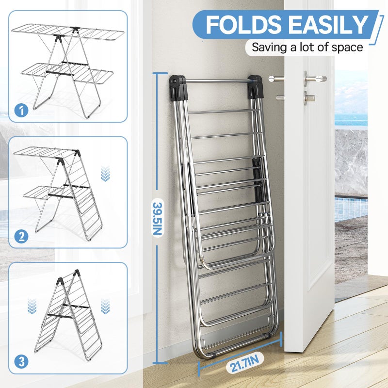 APEXCHASER Clothes Drying Rack with 4 Wings, Stainless Steel Drying Rack Clothing with Height-Adjustable, Foldable Gullwings Laundry Drying Rack, Indoor Outdoor Use, No Assembly, Black - Image 4