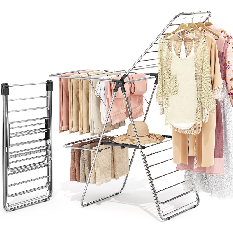 APEXCHASER Clothes Drying Rack with 4 Wings, Stainless Steel Drying Rack Clothing with Height-Adjustable, Foldable Gullwings Laundry Drying Rack, Indoor Outdoor Use, No Assembly, Black - Image 1