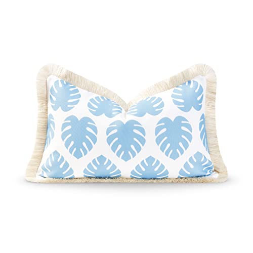 Hofdeco Premium Coastal Hampton Style Patio Indoor Outdoor Lumbar Pillow Cover Only 12x20 Water Resistant for Backyard Couch Baby Blue Monstera Leaf Fringe - Image 1