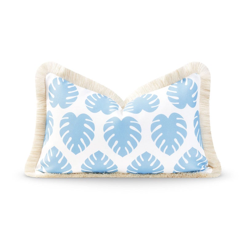 Hofdeco Premium Coastal Hampton Style Patio Indoor Outdoor Lumbar Pillow Cover Only 12x20 Water Resistant for Backyard Couch Baby Blue Monstera Leaf Fringe - Image 2