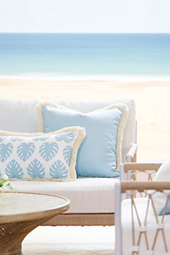 Hofdeco Premium Coastal Hampton Style Patio Indoor Outdoor Lumbar Pillow Cover Only 12x20 Water Resistant for Backyard Couch Baby Blue Monstera Leaf Fringe - Image 3