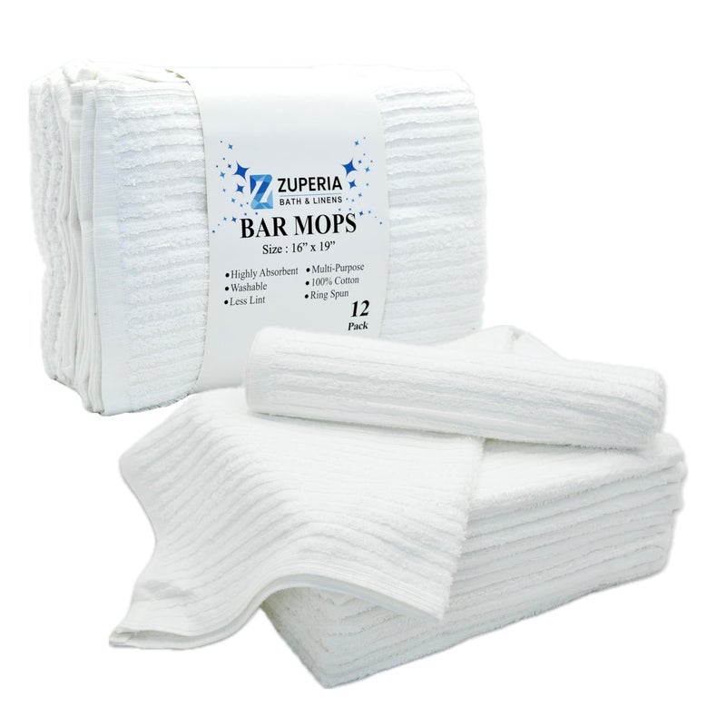 Zuperia Bar Mop Kitchen Towels - Pack Of 12 (16""X19 ) 100% Ring Spun Cotton - Dish Washcloths For Superb Cleaning And Less Lint - Highly Absorbent Dish Cloths And Dish Towels For Everyday Use (White) - Image 1