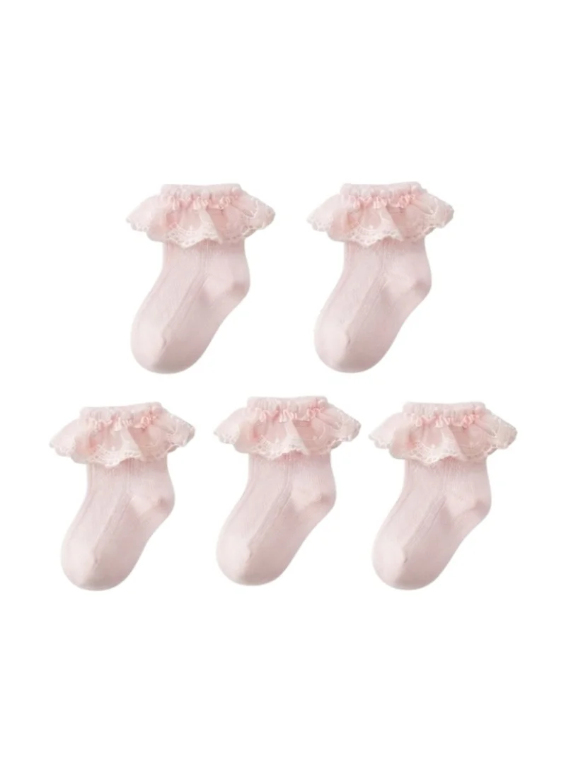 Bidani Baby Girl Eyelet Lace Ruffle Ankle Socks 5 Pairs - Light Pink