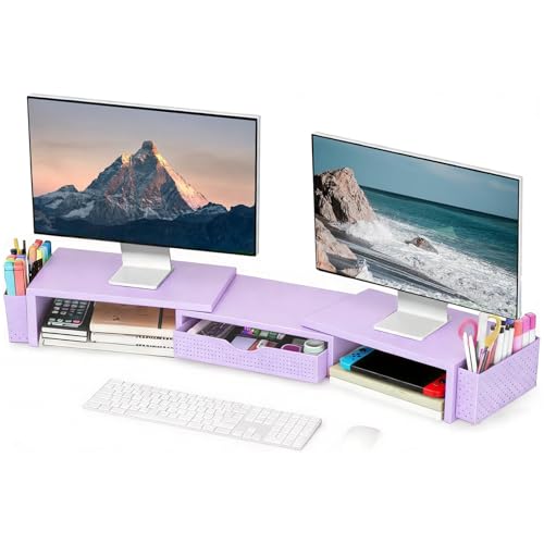 Spacrea Metal Desk Organizers and Accessories Dual Monitor Stand Riser with Drawer and 2 Pen Holders Desk Accessories Workspace Desktop Organizers for Office Supplies Purple - Image 1