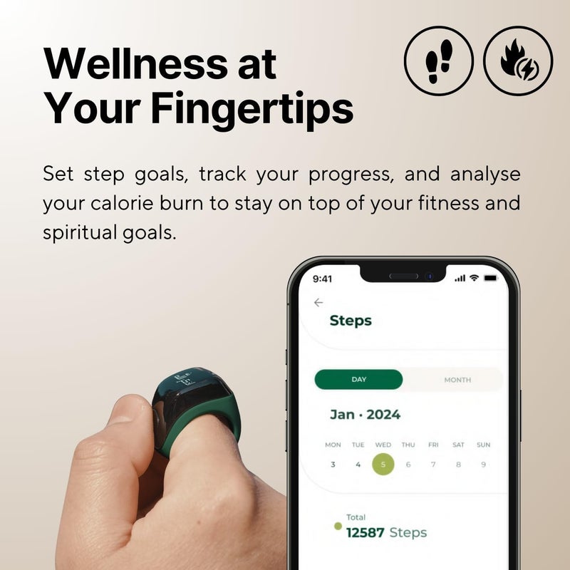 خاتم ، خاتم tasbih ، الصلاة المسلمة ، تذكير توقيت الصلاة ، شاشة OLED ، العداد ، مقاوم للماء IPX67 ، تكنولوجيا قابلة للارتداء ، 3 أحجام متوافقة (18/20 / 22 مم) ، تأتي مع حالة شحن (خضراء) - Image 4