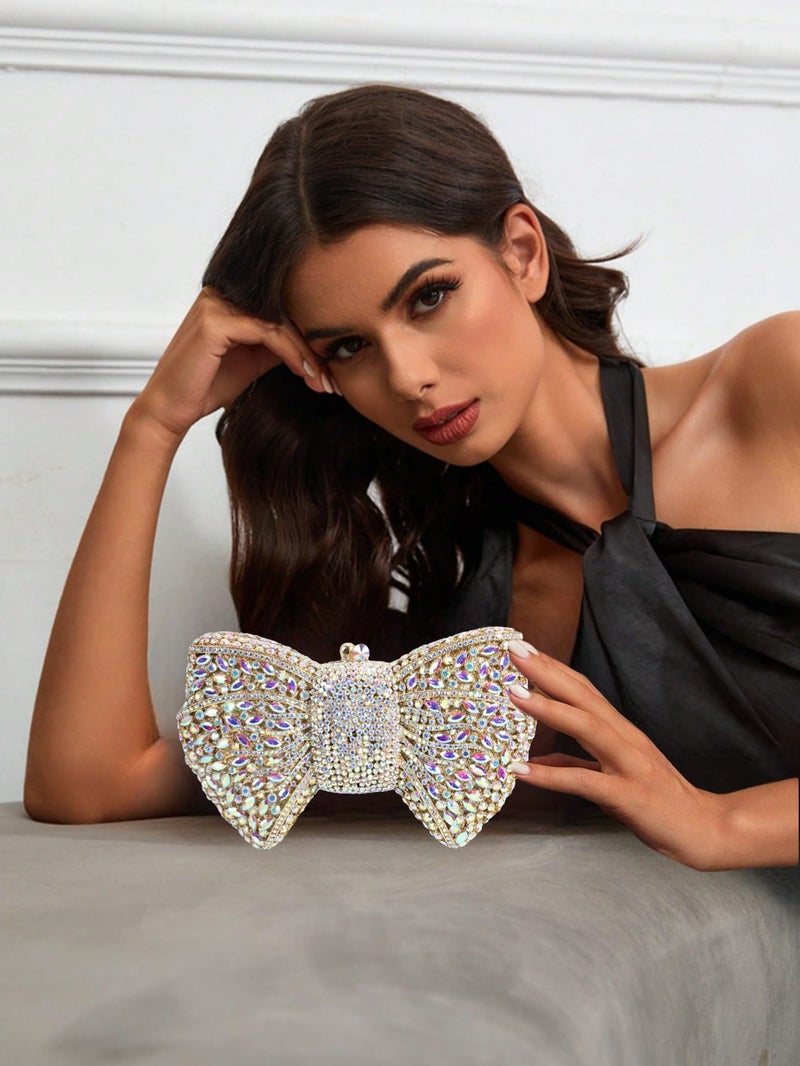 Tngan Women Luxury Bowknot Shaped Evening Clutch Sparkling Rhinestones Handbag for Banquet Wedding Party, A-gold AB - Image 2