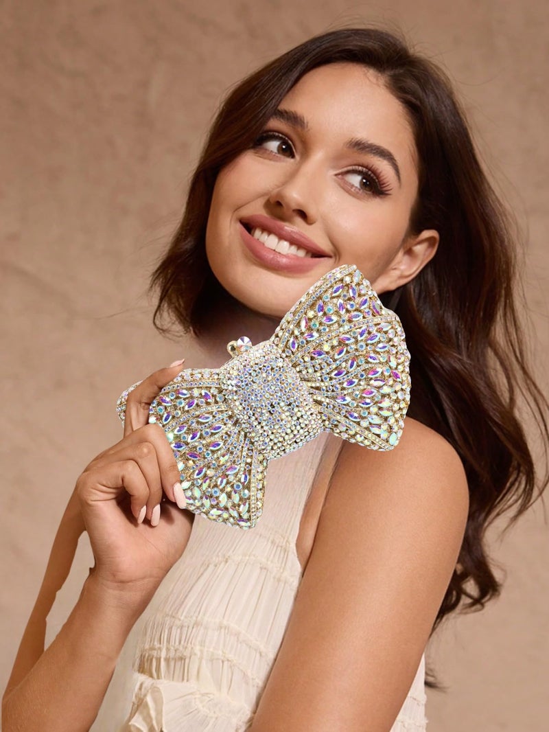 Tngan Women Luxury Bowknot Shaped Evening Clutch Sparkling Rhinestones Handbag for Banquet Wedding Party, A-gold AB - Image 3