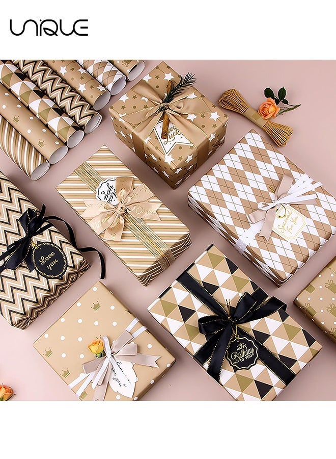 Unique Gift Wrapping Paper Set - 7 Sheets Folded Sheets - Black Gold Wrapping Paper Gift - 2 Stickers - 1 Roll of Double-sided Tape - Cowhide Hemp Rope - for Birthday Graduation and All Occasions, Gift Wrap Paper Set for Men Women (50*70 cm) - Image 5