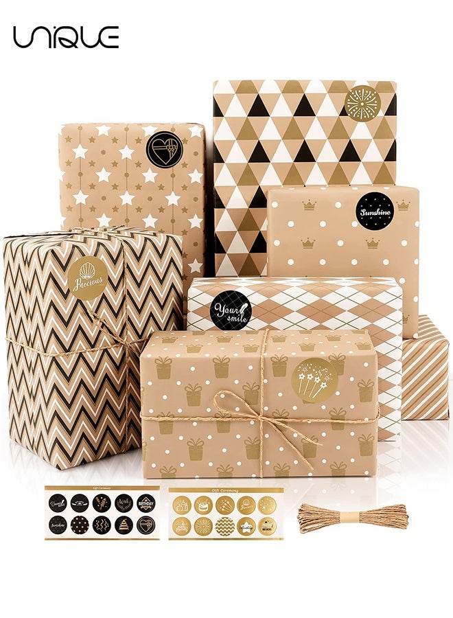 Unique Gift Wrapping Paper Set - 7 Sheets Folded Sheets - Black Gold Wrapping Paper Gift - 2 Stickers - 1 Roll of Double-sided Tape - Cowhide Hemp Rope - for Birthday Graduation and All Occasions, Gift Wrap Paper Set for Men Women (50*70 cm) - Image 1