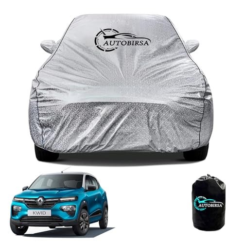AUTOBIRSA Waterproof Car Body Cover for Renault Kwid with Mirror and Antenna Pocket and Soft Cotton Lining (4 Side Elastic Triple Stitched & Metallic Silver with Black Piping Style) - Image 1