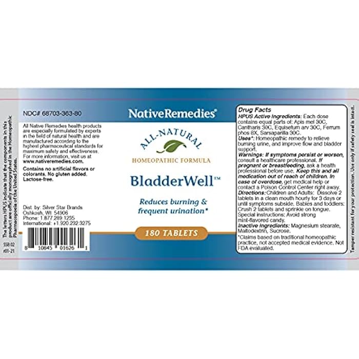 Native Remedies BladderWell Tablets - Natural Homeopathic Formula for | Burning and Frequent Urination - Supports Bladder Health - 180 Tablets - Image 5