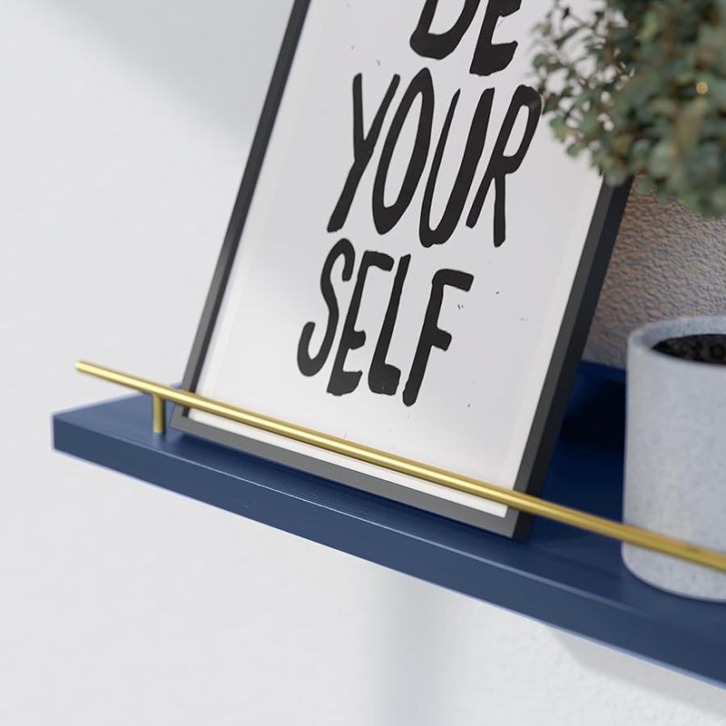 WOPITUES Floating Shelves with Gold Metal Guardrail, Shelves for Wall Decor Set of 3, Wall Shelves for Bedroom, Bathroom, Kitchen, Living Room, Plants, Picture Frames, Art- Gold in Navy Blue - Image 4
