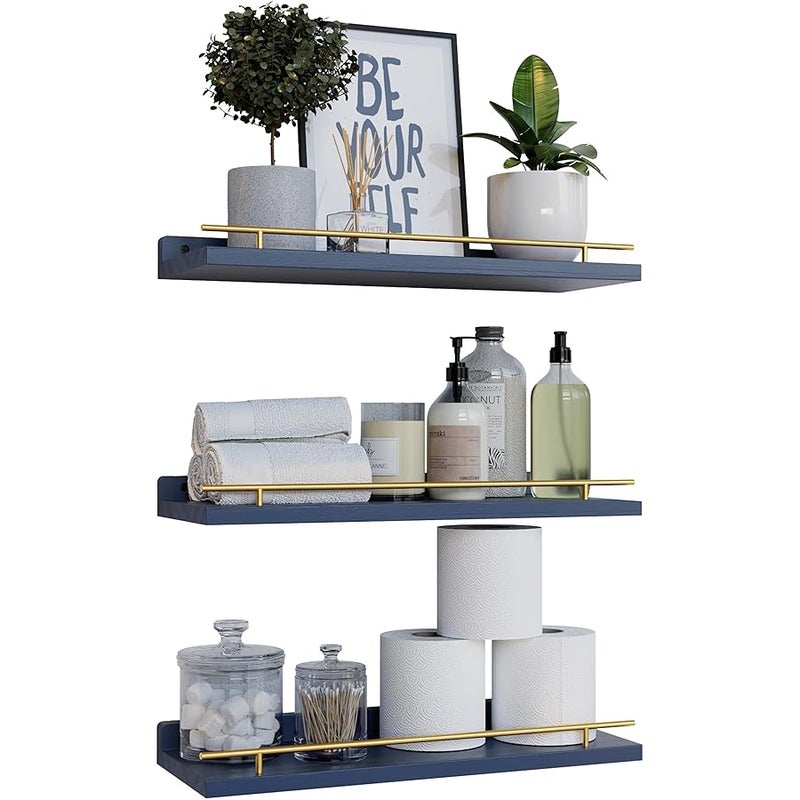 WOPITUES Floating Shelves with Gold Metal Guardrail, Shelves for Wall Decor Set of 3, Wall Shelves for Bedroom, Bathroom, Kitchen, Living Room, Plants, Picture Frames, Art- Gold in Navy Blue - Image 1