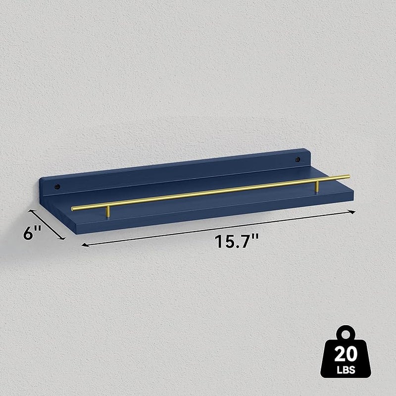 WOPITUES Floating Shelves with Gold Metal Guardrail, Shelves for Wall Decor Set of 3, Wall Shelves for Bedroom, Bathroom, Kitchen, Living Room, Plants, Picture Frames, Art- Gold in Navy Blue - Image 3