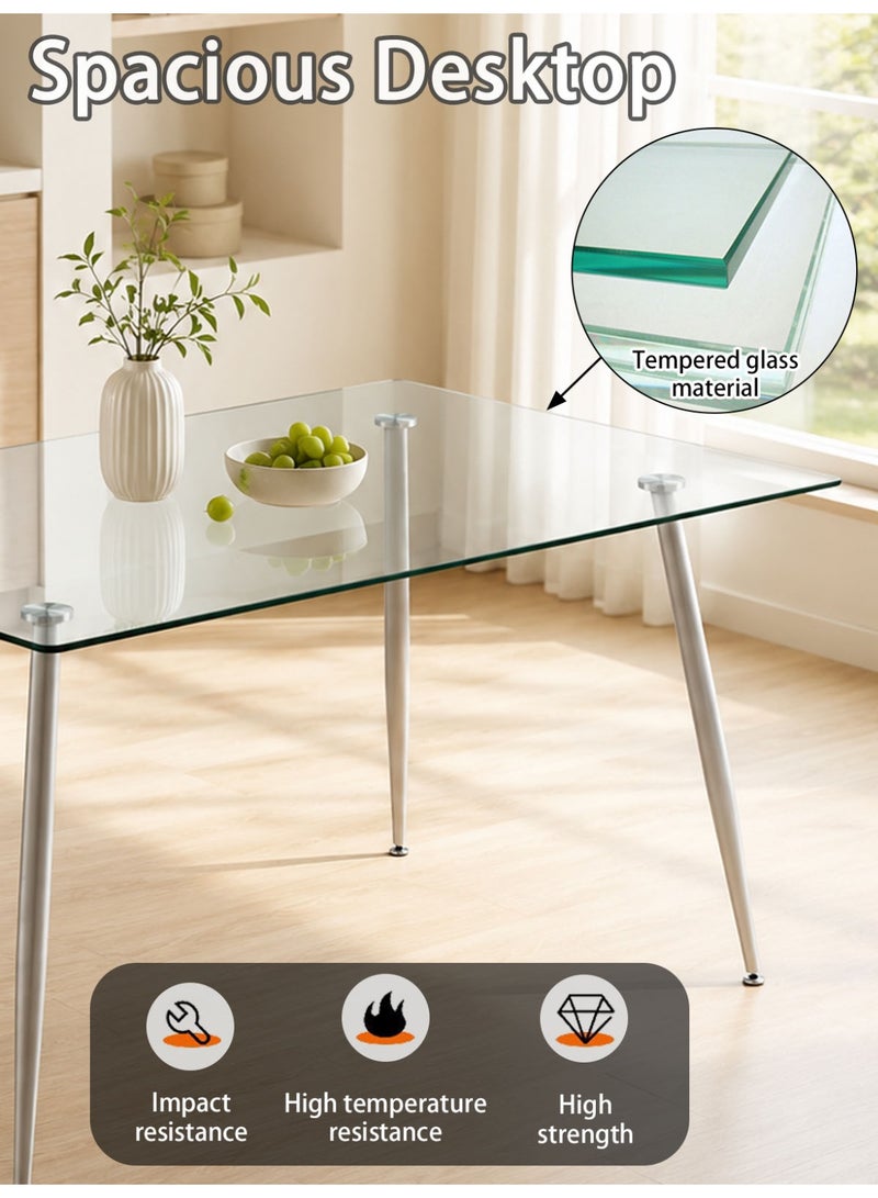 CHOIWIN Modern Rectangular Glass Dining Table - Tempered Clear Glass Top with Silver Metal Legs, Elegant Slim Dining Table for 4 Seats 130*70*76cm - Image 5
