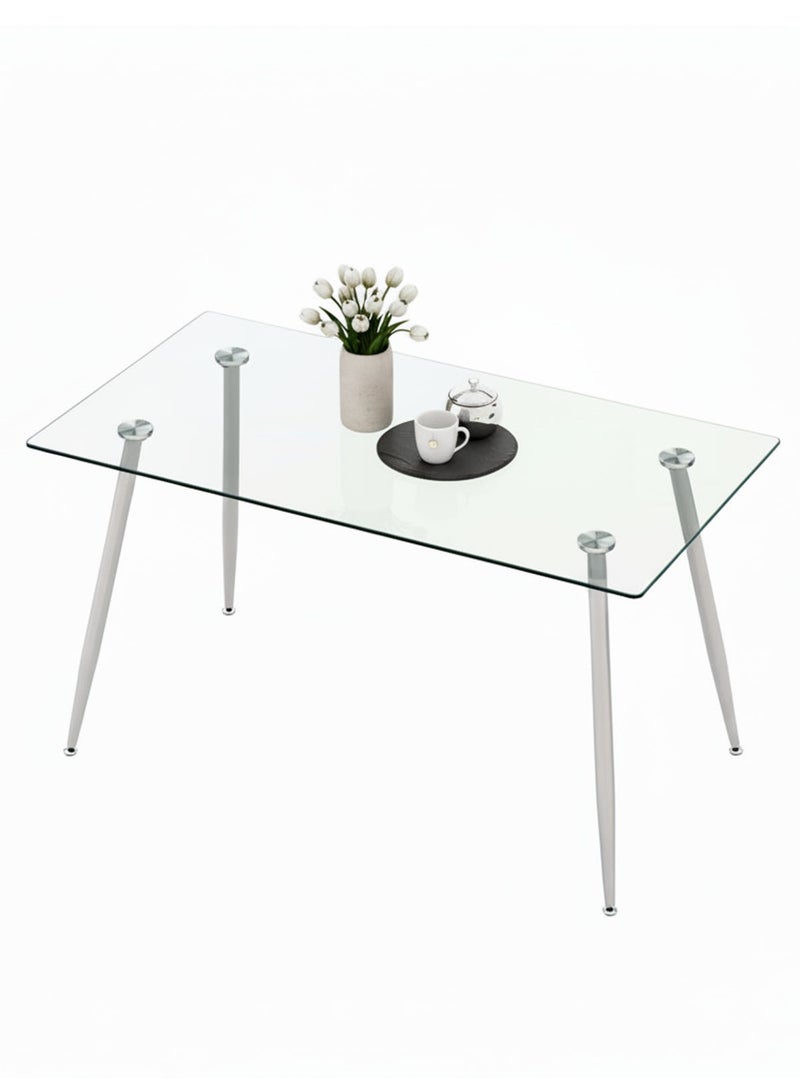 CHOIWIN Modern Rectangular Glass Dining Table - Tempered Clear Glass Top with Silver Metal Legs, Elegant Slim Dining Table for 4 Seats 130*70*76cm - Image 3