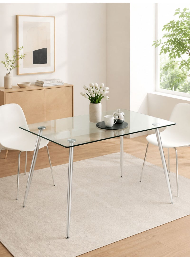 CHOIWIN Modern Rectangular Glass Dining Table - Tempered Clear Glass Top with Silver Metal Legs, Elegant Slim Dining Table for 4 Seats 130*70*76cm - Image 2