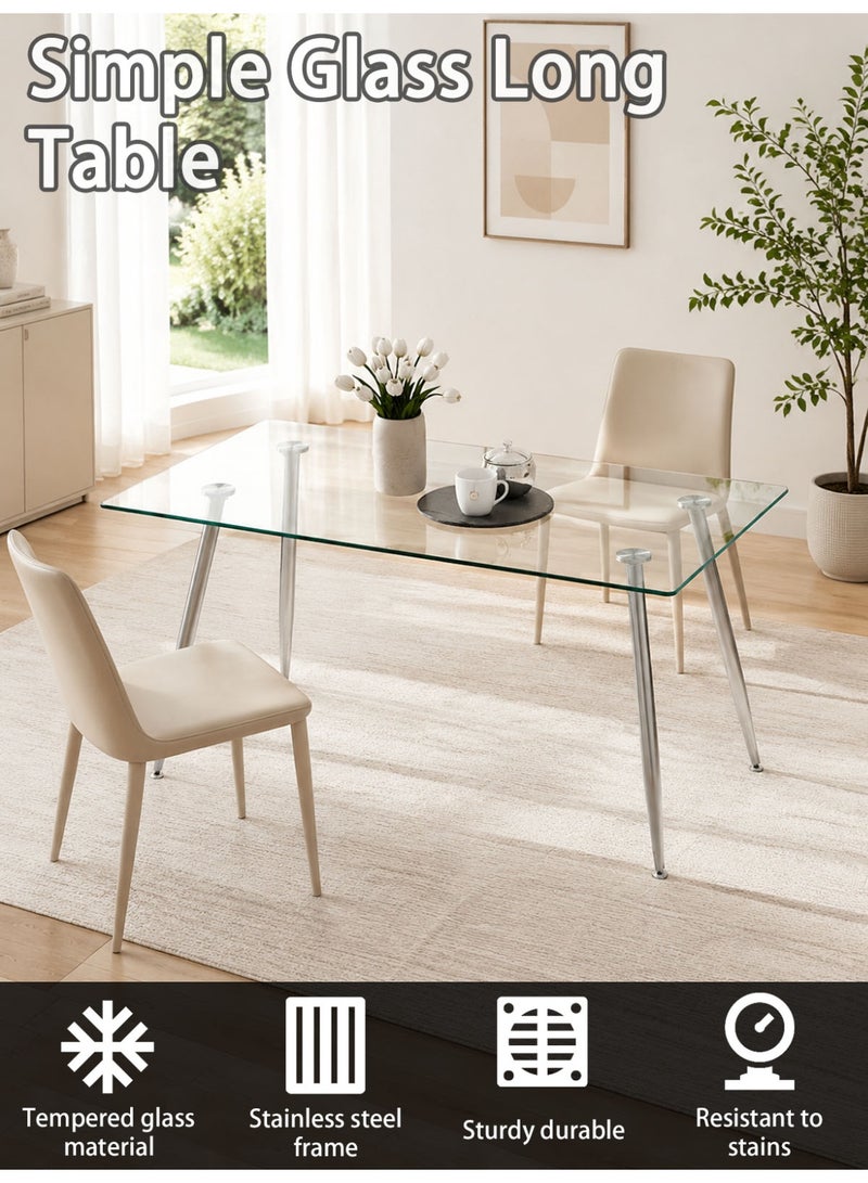 CHOIWIN Modern Rectangular Glass Dining Table - Tempered Clear Glass Top with Silver Metal Legs, Elegant Slim Dining Table for 4 Seats 130*70*76cm - Image 4