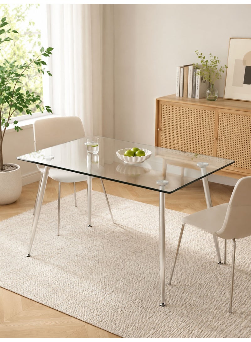 CHOIWIN Modern Rectangular Glass Dining Table - Tempered Clear Glass Top with Silver Metal Legs, Elegant Slim Dining Table for 4 Seats 130*70*76cm - Image 1