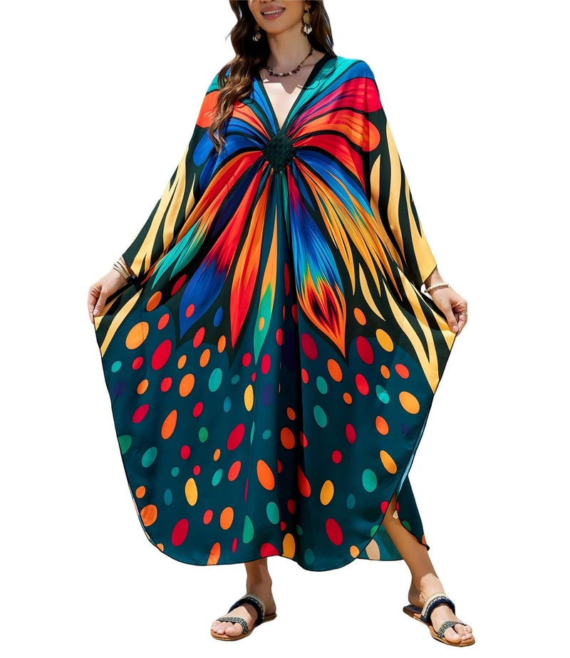 IMAGEKOPE Plus Size Kaftan Dress for Women - Lightweight V-Neck Beach Cover Up for Poolside, Resort, and Loungewear - Image 1