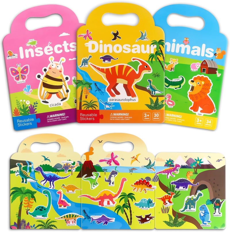 Slipps Reusable Sticker Books for Kids - Cute Waterproof Sticker for Toddler 2-6 Year Old Fun Travel Toys Learning Activities Girl Boy Gift Birthday Party Play Set (Pack of 3) Animal+Dinosaur+Insect - Image 1