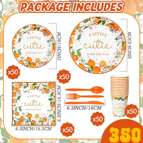 Skybooly 350 Pcs a Little Cutie Is on The Way Baby Shower Tableware Set Baby Shower Plates Napkins Cups Dessert Forks Disposable Supplies for 50 Guests Cute Orange Party Decoration - Image 5