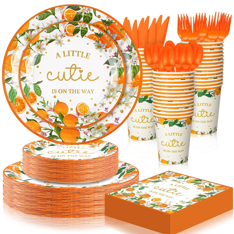 Skybooly 350 Pcs a Little Cutie Is on The Way Baby Shower Tableware Set Baby Shower Plates Napkins Cups Dessert Forks Disposable Supplies for 50 Guests Cute Orange Party Decoration - Image 2