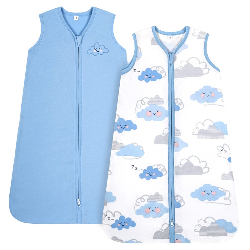 TILLYOU Sleep Sack 06 Months 05 TOG Baby Wearable Blanket with 2Way Zipper Extra Soft Cotton Sleeveless Sleeping sack 2 Pack Small Cloud Blue