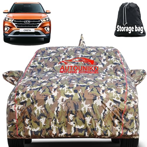 AUTOUNIKO Waterproof Car Body Cover for Hyundai Creta with Mirror and Antenna Pocket and Soft Cotton Lining (Full Bottom Elastic Triple Stitched) (Jungle Print with Red Piping) - Image 1
