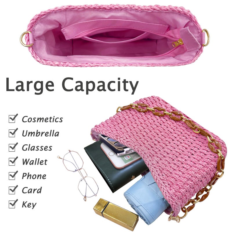 Beurlike Small Straw Handbags for Women Crossbody Pocketbooks Woven Shoulder Purses Beach Tote Bag for Summer Vacation with Chain(Pink) - Image 3